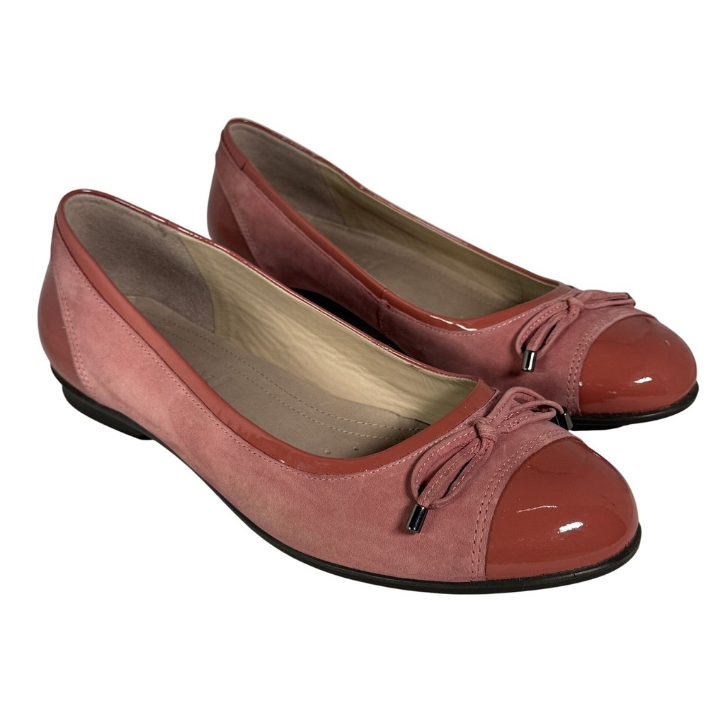 ECCO Pink Suede Patent Leather Bow Ballerina Flats Shoes Womens Size 39 EU 8-8.5